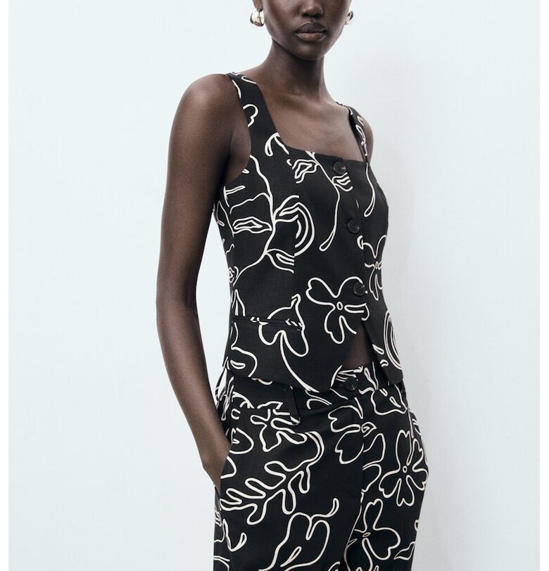 Къс елек с лен и принт Mango