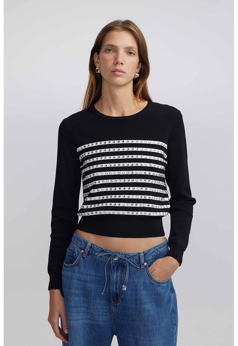 Къс раиран пуловер с декоративни камъни Ipekyol