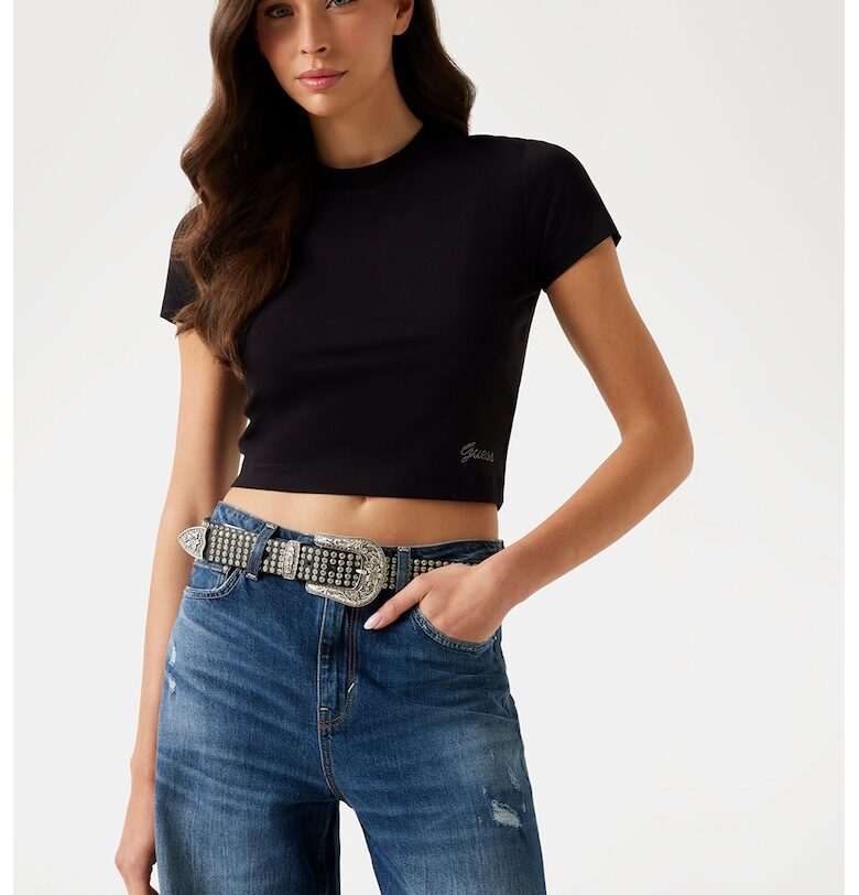 Къса слим тениска с лого GUESS