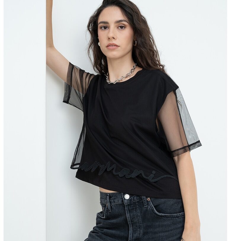 Къса тениска с полупрозрачна апликация ARMANI EXCHANGE