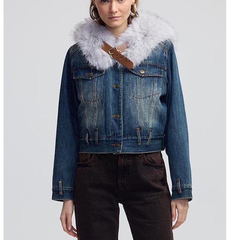 Късо дънково яке с яка от еко пух Ipekyol