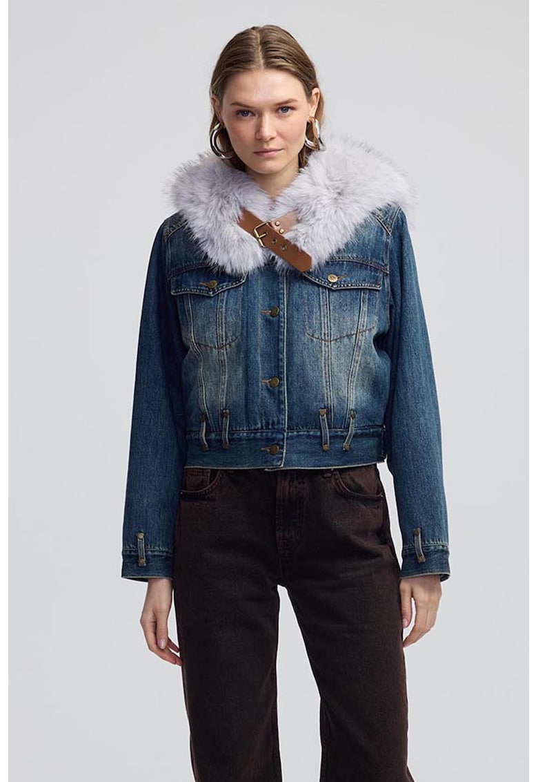 Късо дънково яке с яка от еко пух Ipekyol