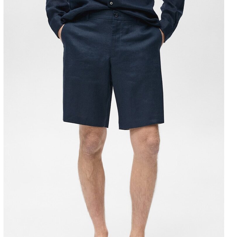 Ленен къс панталон с джобове Mango