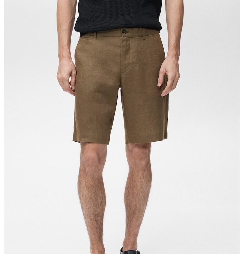 Ленен къс панталон с джобове Mango