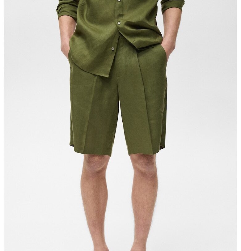 Ленен къс панталон с джобове встрани Mango