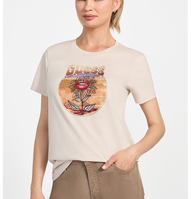 Памучна тениска с декоративни камъни GUESS