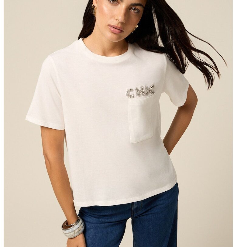 Памучна тениска с декоративни камъни Oltre