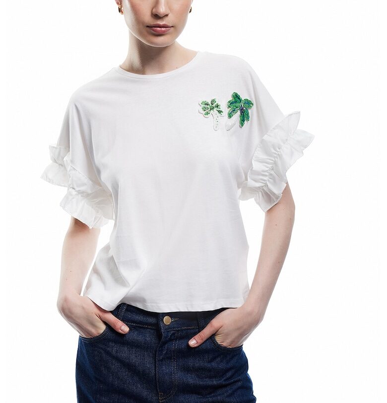 Памучна тениска с набирания и мъниста KOTON