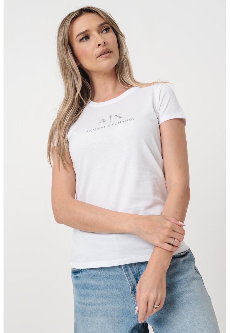 Памучна тениска с овално деколте и лого ARMANI EXCHANGE