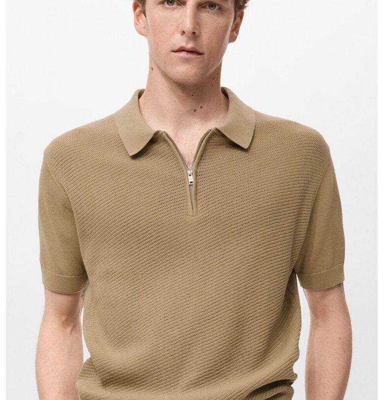 Памучна тениска с яка и къс цип Mango