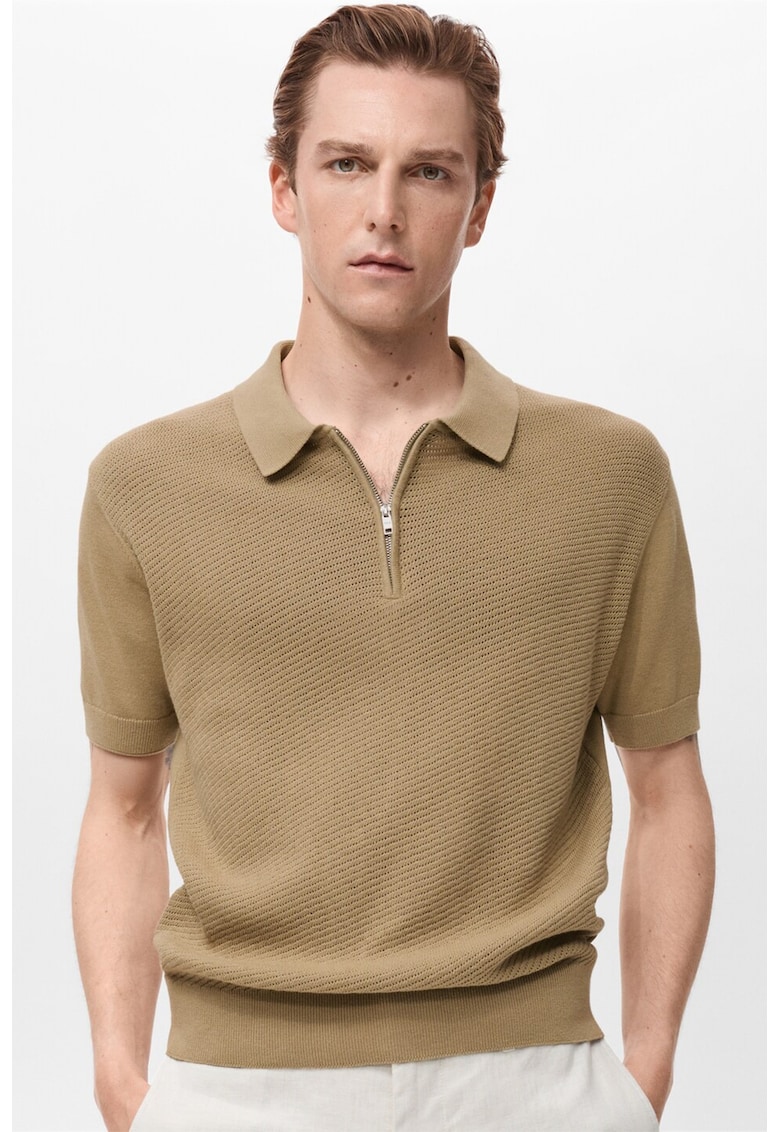 Памучна тениска с яка и къс цип Mango