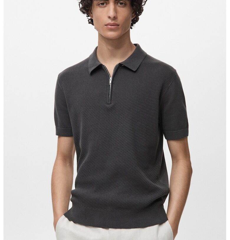 Памучна тениска с яка и къс цип Mango