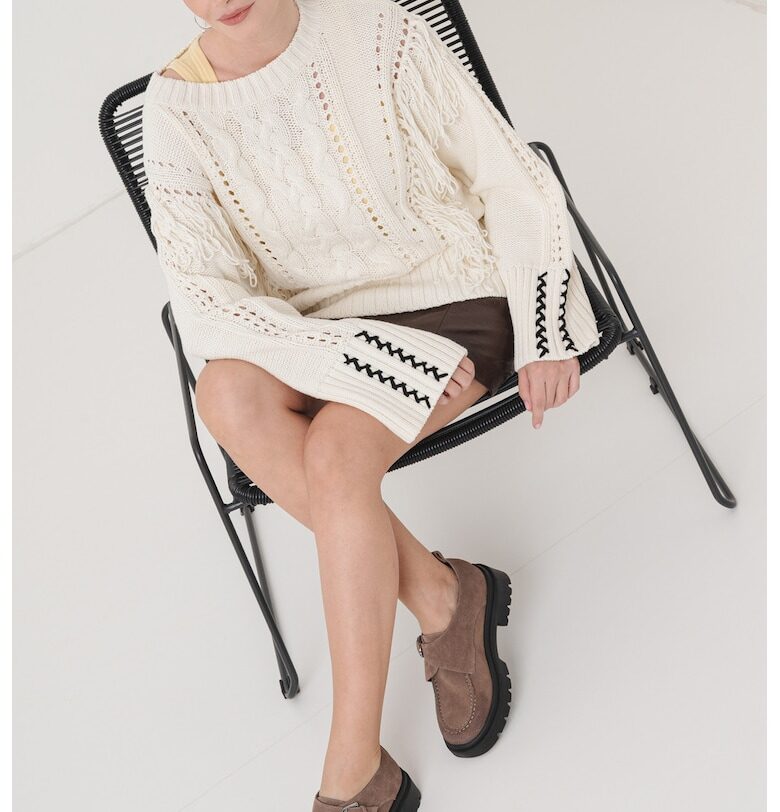 Плетен пуловер с ресни и ажур BOSS