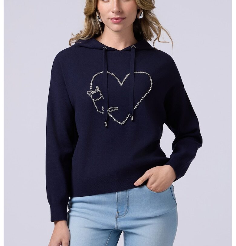 Пуловер с качулка и декоративни камъни Oltre