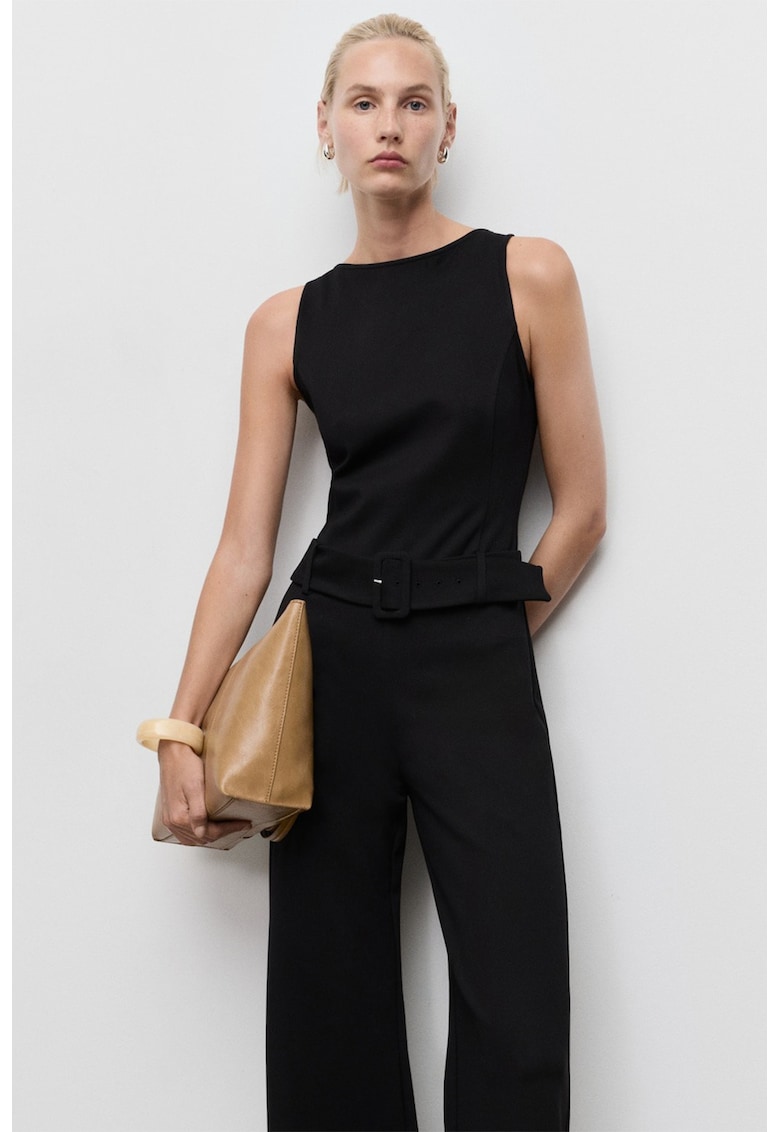 Разкроен гащеризон с колан - Черен - Mango