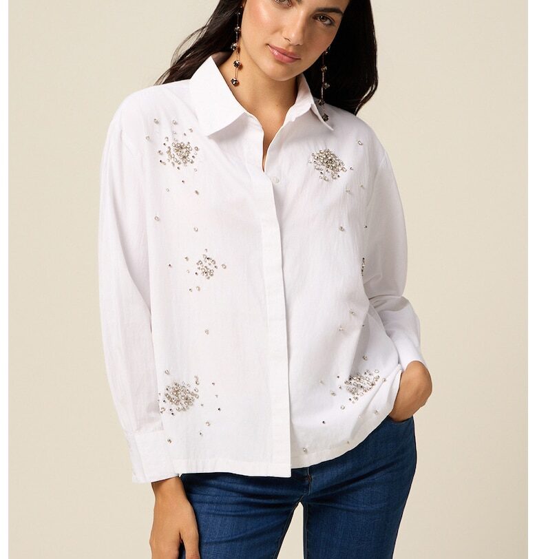 Свободна риза с декоративни камъни - Бял - Oltre