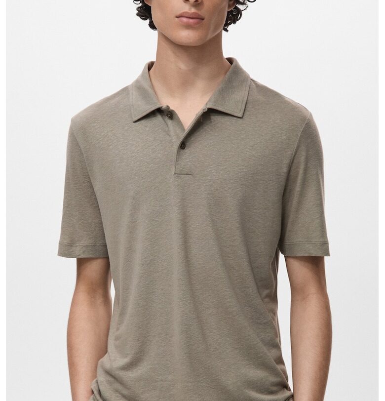 Слим тениска с лен с яка Mango