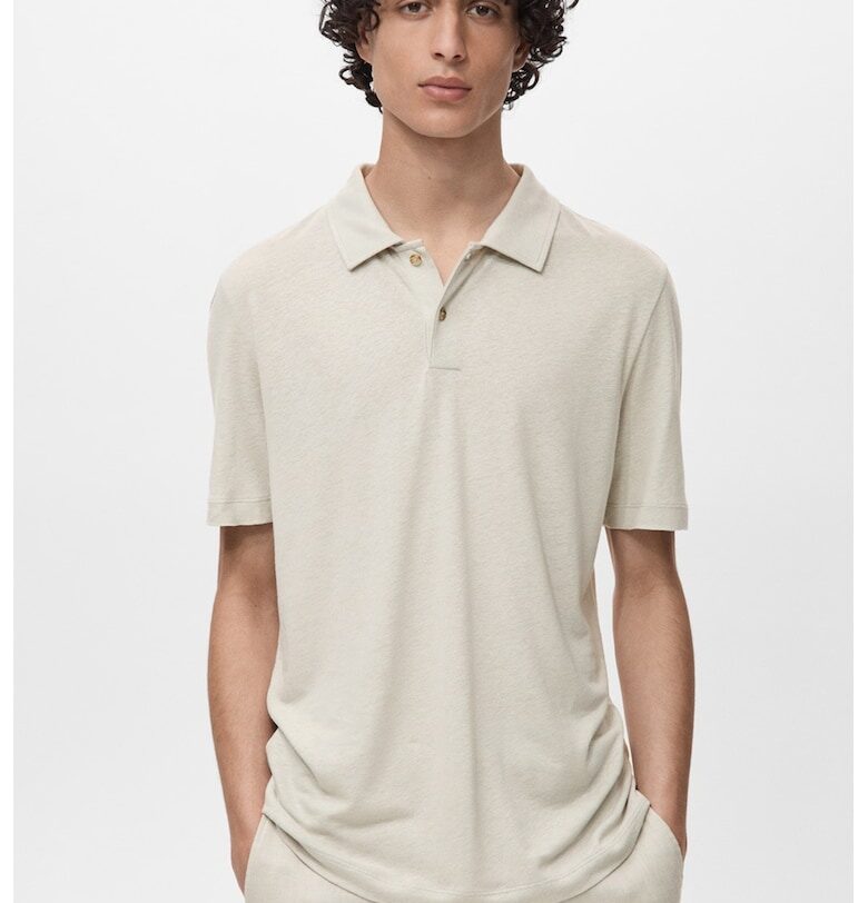 Слим тениска с лен с яка Mango