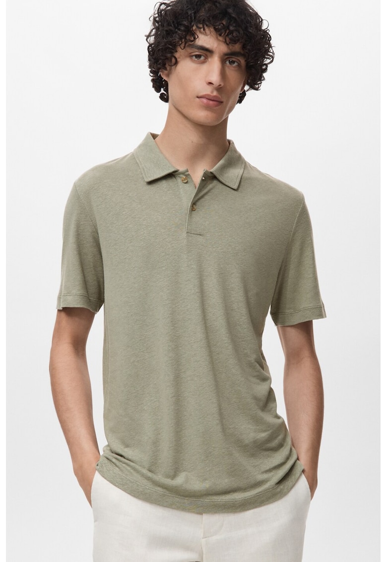 Слим тениска с лен с яка Mango