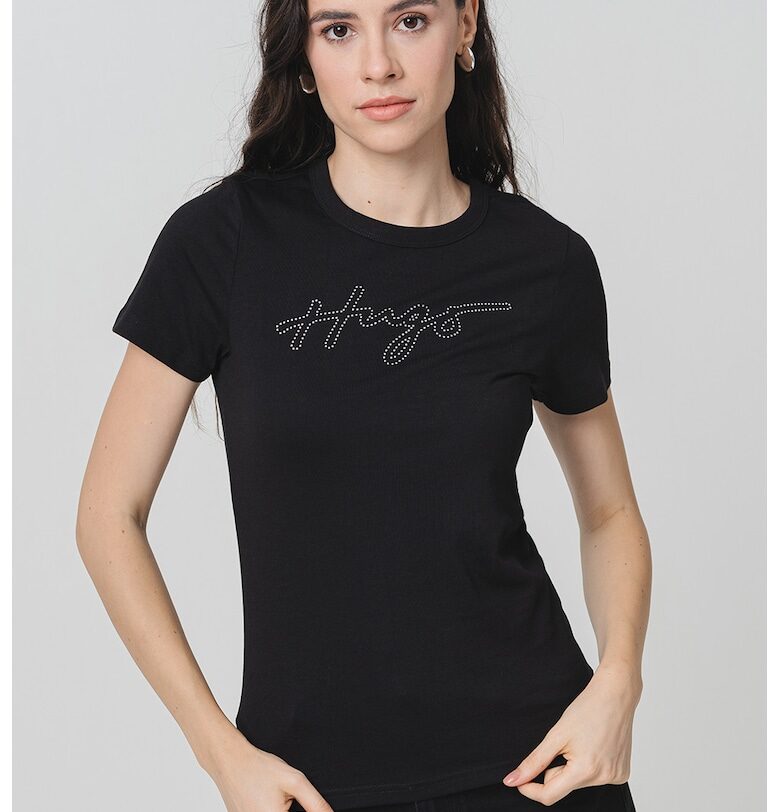 Слим тениска с лого от декоративни камъни HUGO