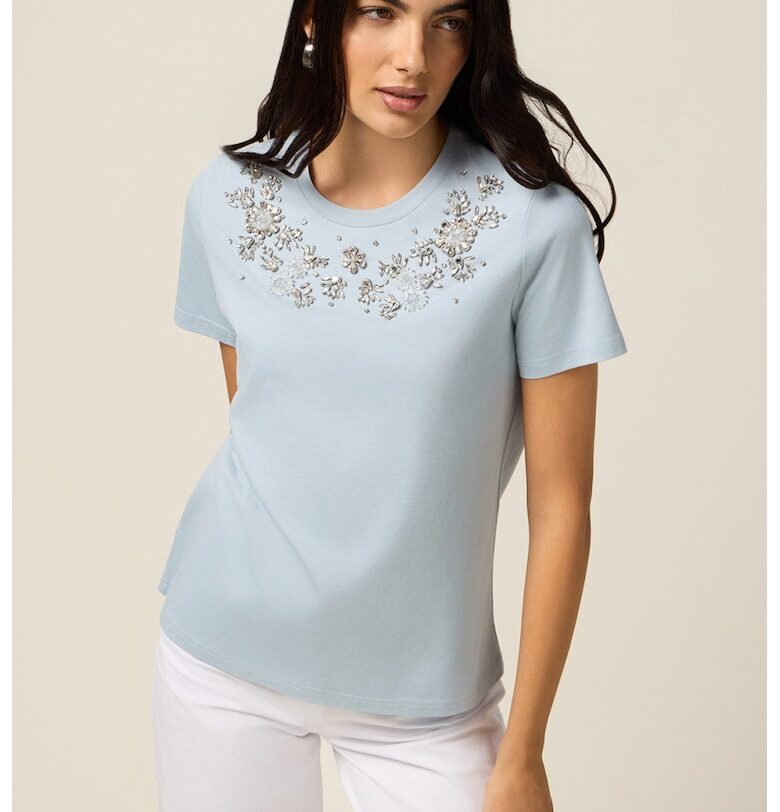 Тениска с декоративни камъни - Ледено синьо - Oltre