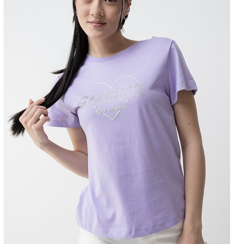 Тениска с лого от декоративни камъни GUESS