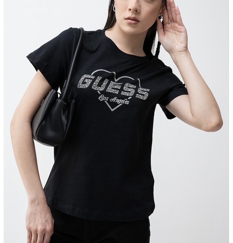 Тениска с лого от декоративни камъни GUESS