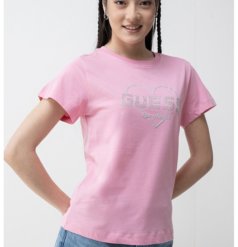 Тениска с лого от декоративни камъни GUESS