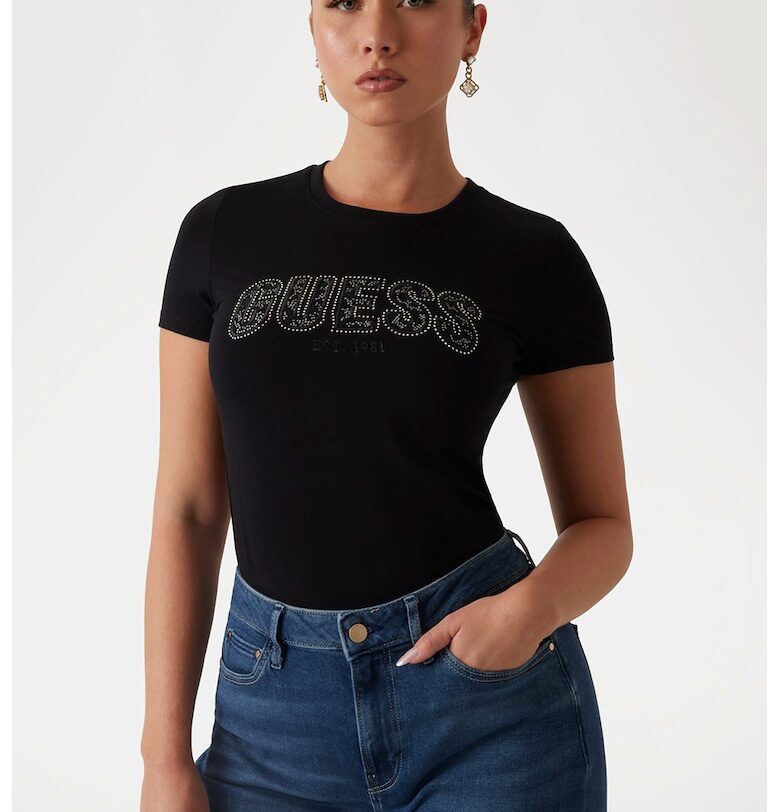 Тениска с лого от декоративни камъни GUESS