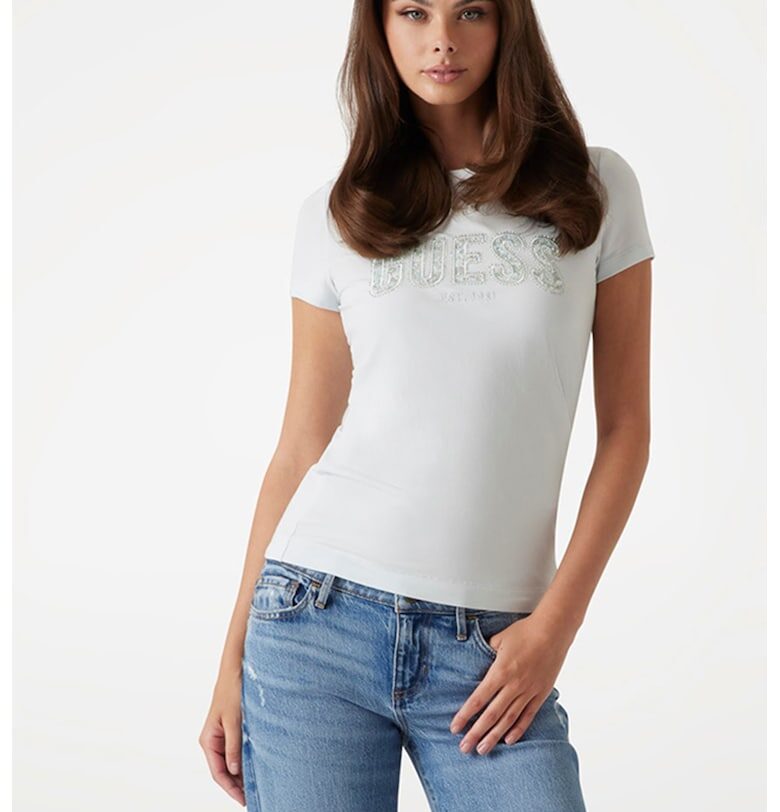 Тениска с лого от декоративни камъни GUESS