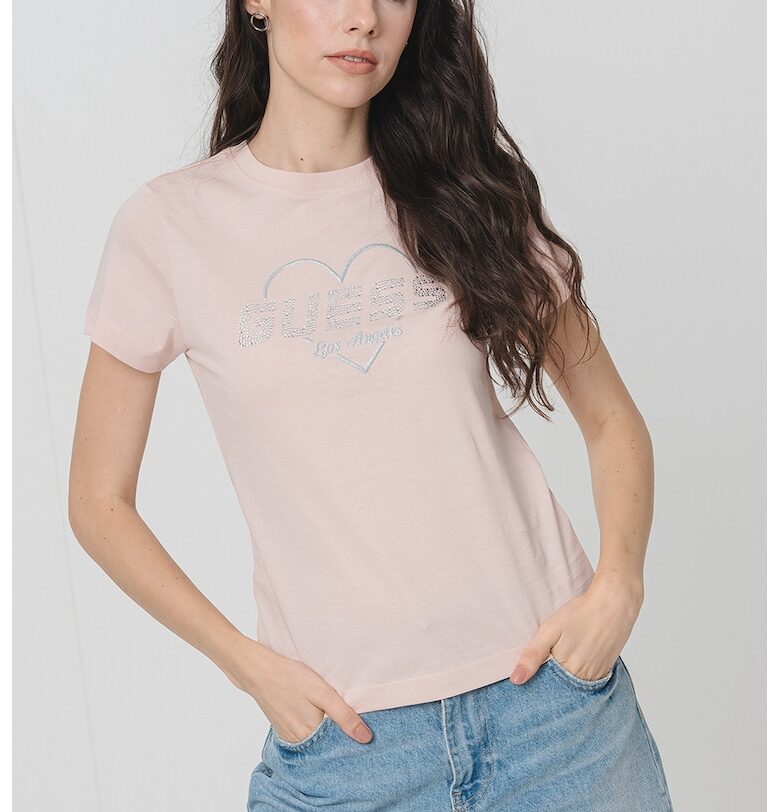 Тениска с лого от декоративни камъни GUESS