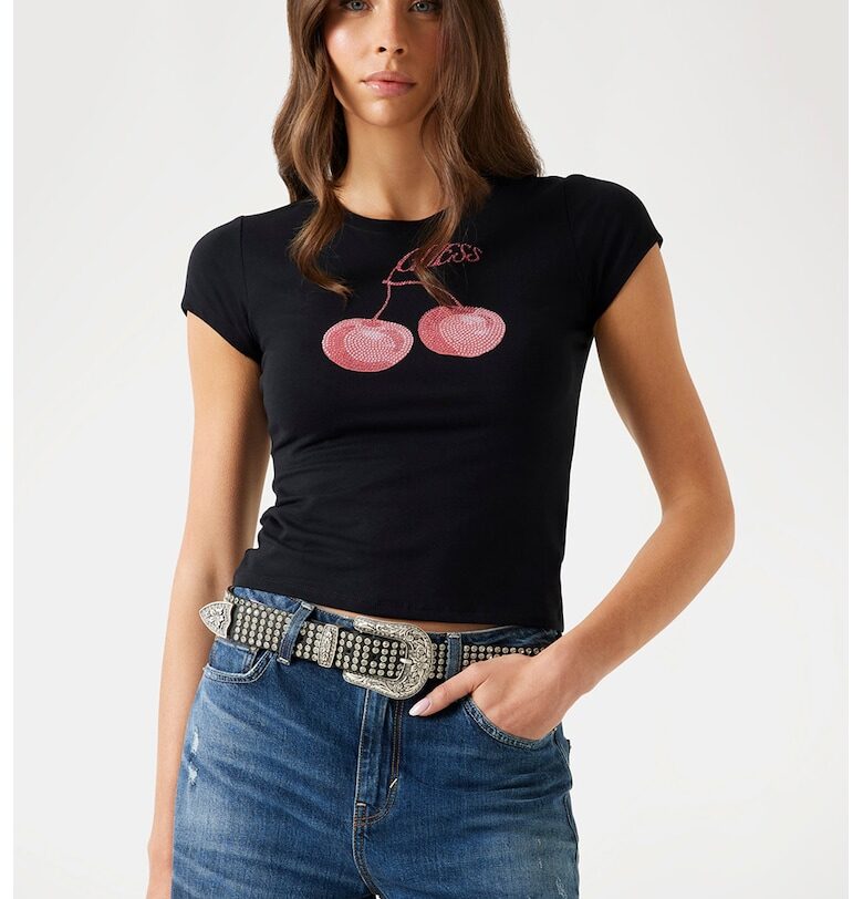 Тениска с модал и декоративни камъни GUESS