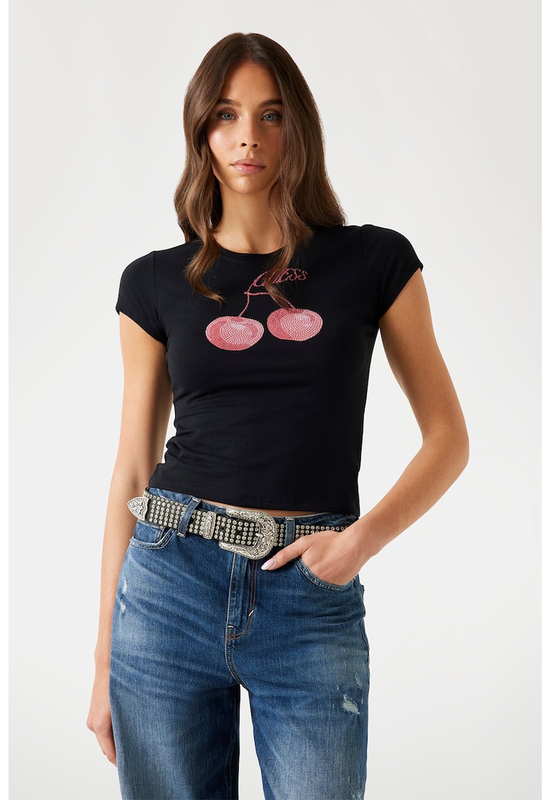 Тениска с модал и декоративни камъни GUESS