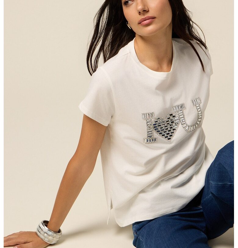 Тениска с овално деколте и екоративни камъни Oltre