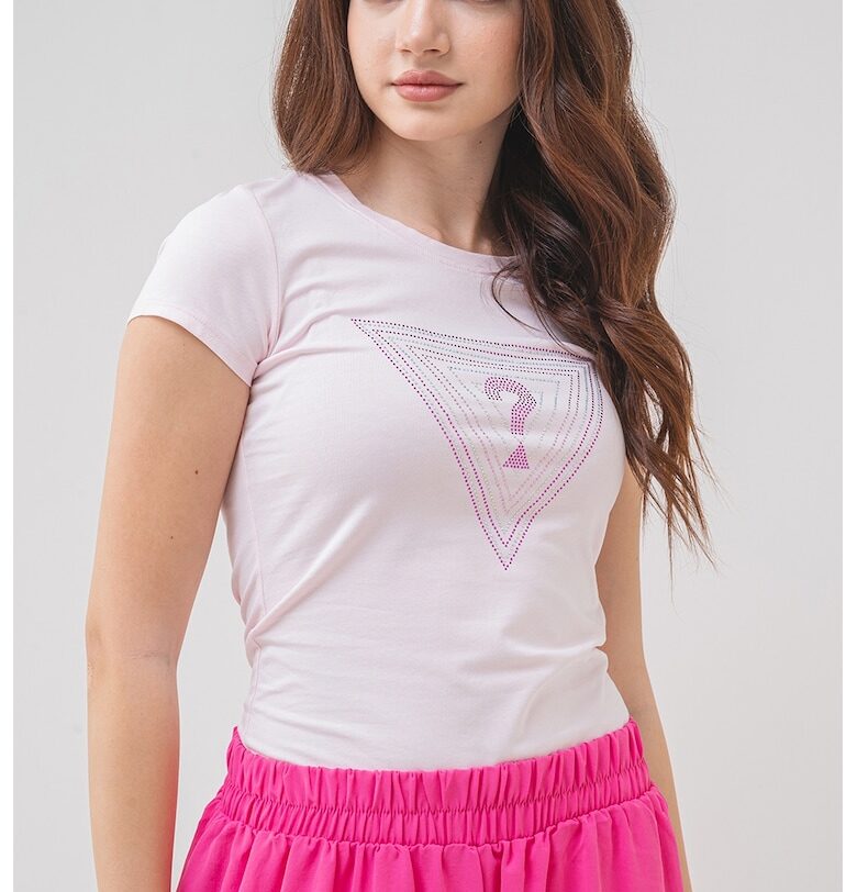 Тениска с овално деколте и лого от декоративни камъни GUESS