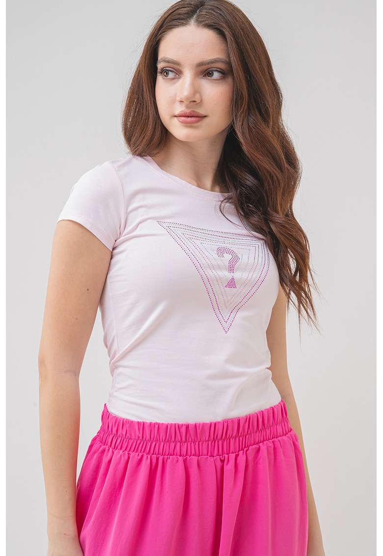 Тениска с овално деколте и лого от декоративни камъни GUESS