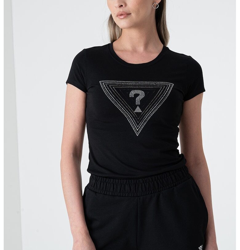 Тениска с овално деколте и лого от декоративни камъни GUESS