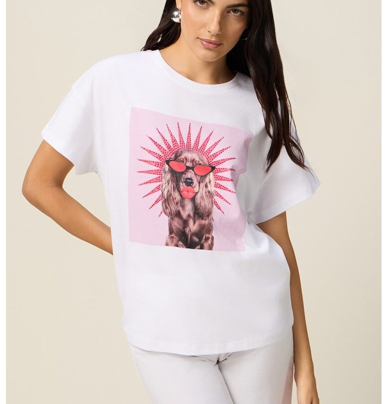 Тениска с овално деколте и принт - Светлорозов - Бял - Oltre