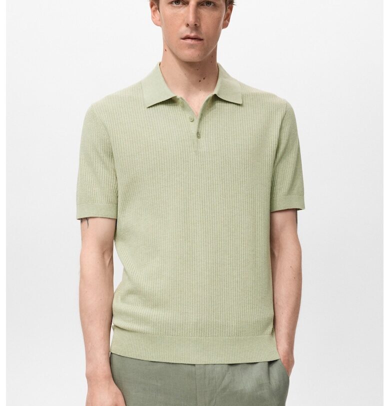 Тениска с памук и лен с яка Mango