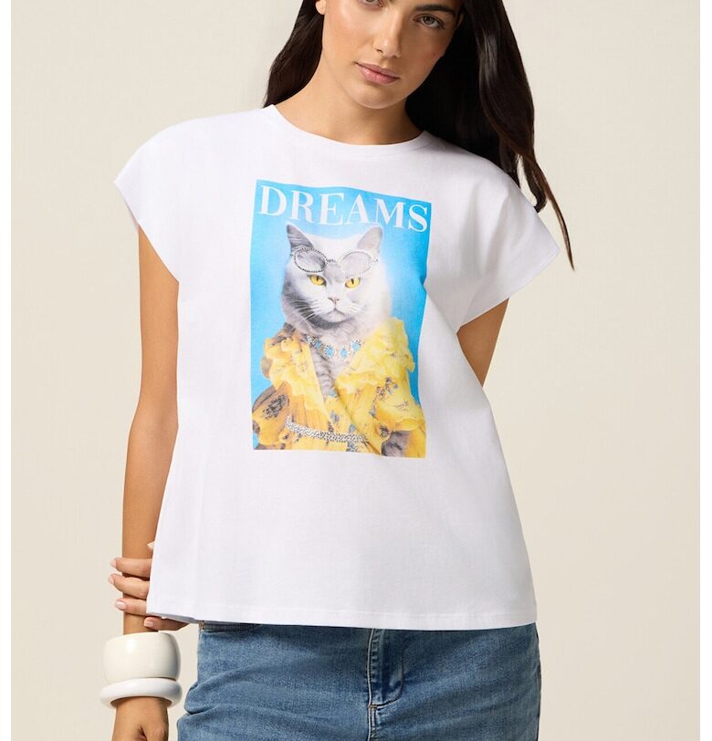 Тениска с принт - Бял - Ледено синьо - Oltre