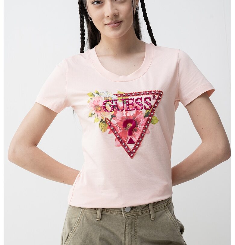 Тениска с релефно лого и декоративни камъни GUESS