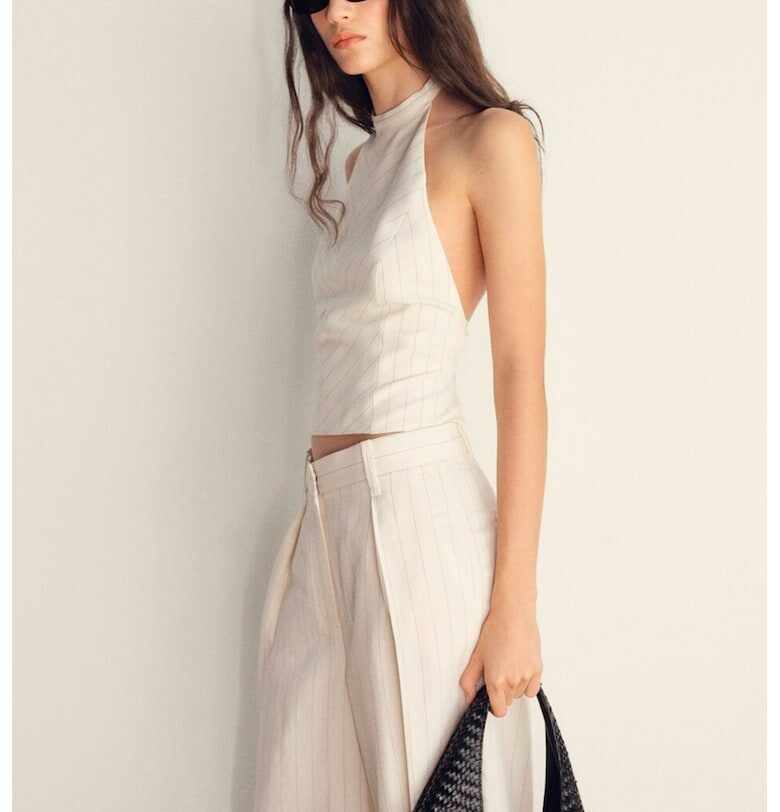 Топ с лен и халтер деколте Mango