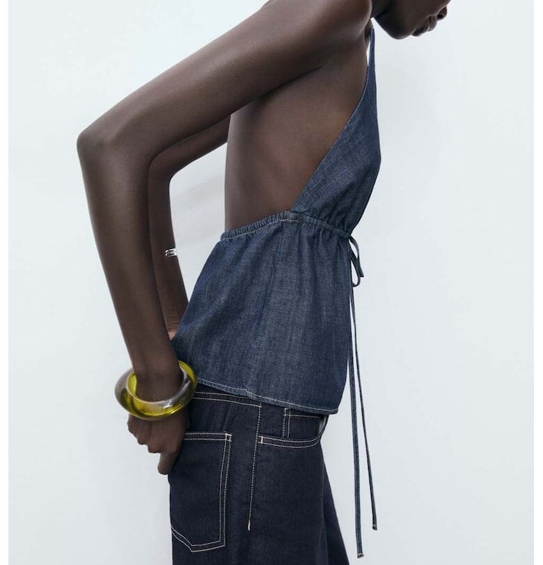 Халтер топ от деним с връзки Mango