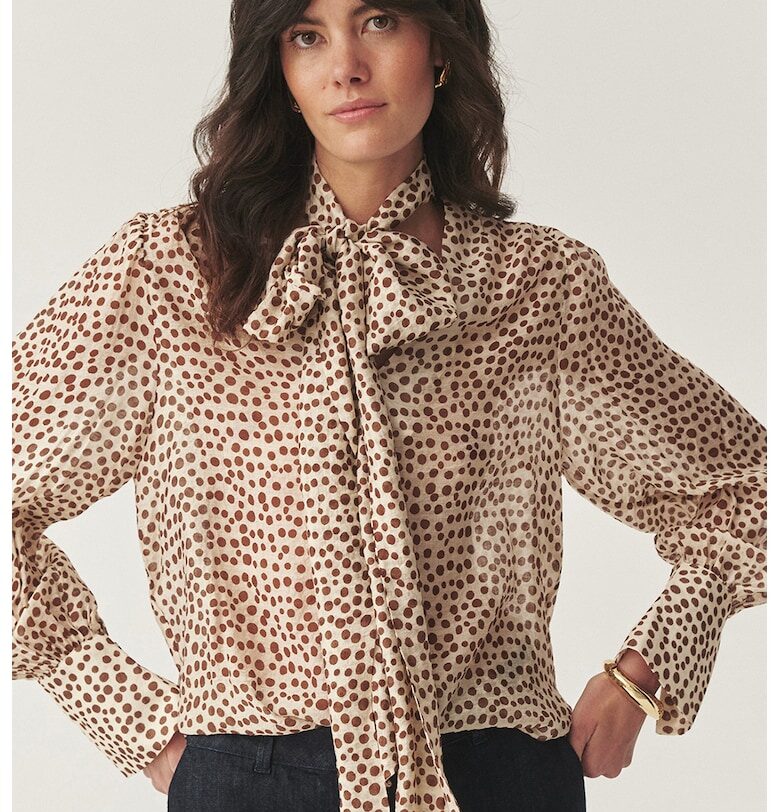 Блуза на точки с панделка на яката - Кафяв - Бежов - Tatuum