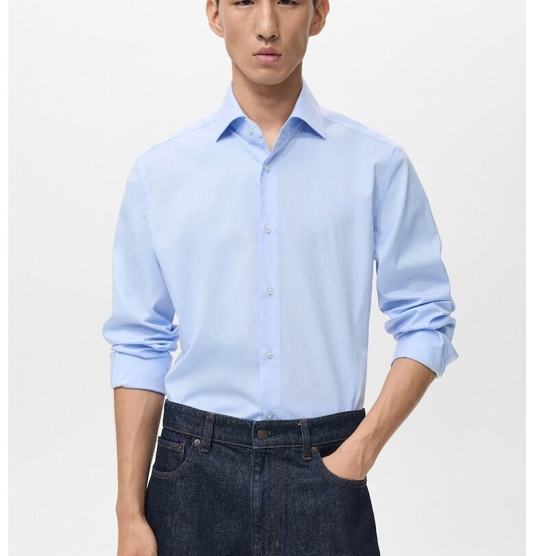 Едноцветна риза с яка с копчета Mango