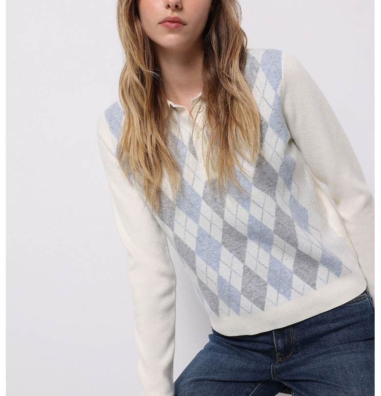 Кариран пуловер с яка и копчета COLINS