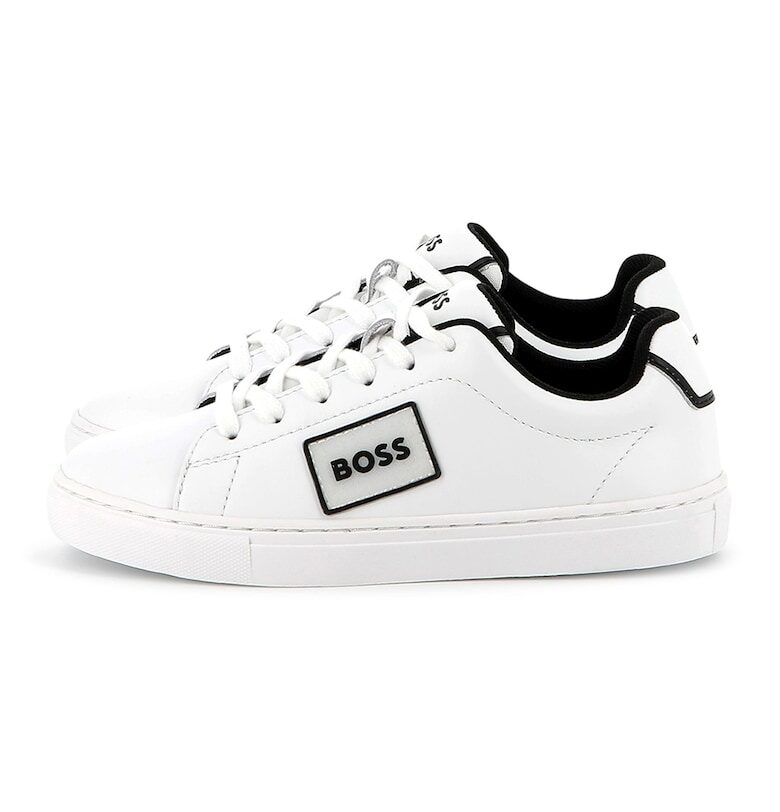 Кожени спортни обувки с пришито лого и равна подметка BOSS Kidswear