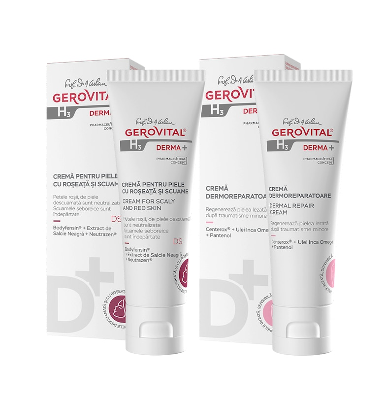 Комплект  H3 Derma+: Крем за зачервена и лющеща се кожа - 50 мл + Дермо-възстановяващ крем - 50 мл Gerovital