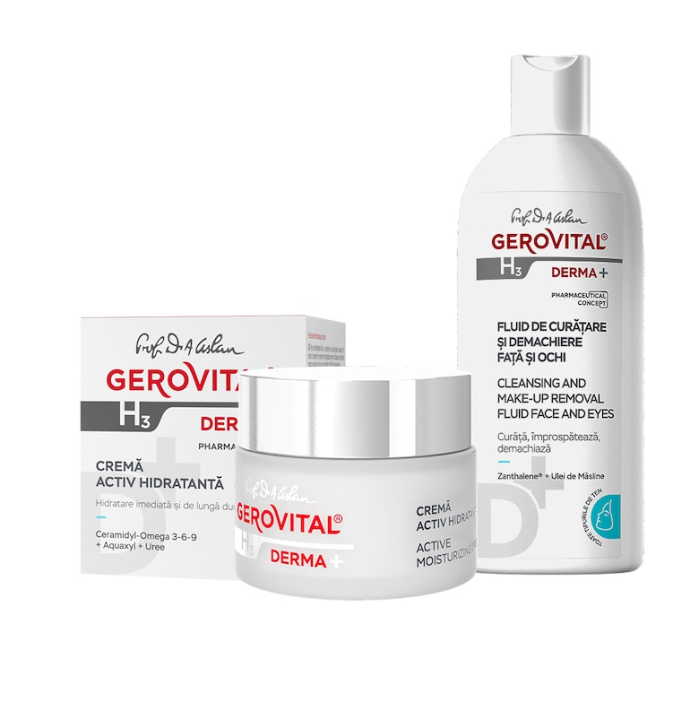 Комплект  H3 Derma+: Почистващ и дермахиетичен флуид за лице и очи - 200 мл + 24-часов активен хидратиращ крем - 50 мл Gerovital