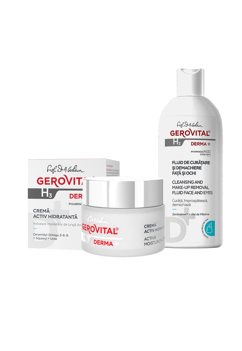 Комплект H3 Derma+: Почистващ и дермахиетичен флуид за лице и очи - 200 мл + 24-часов активен хидратиращ крем - 50 мл Gerovital